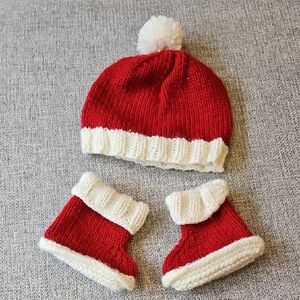 Red and White Knit Hat and Booties Set